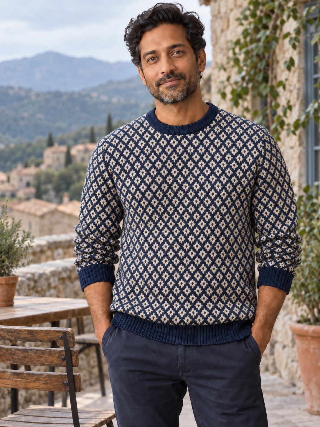 Aplicación ilustrativa de jacquard bicolor en un jersey