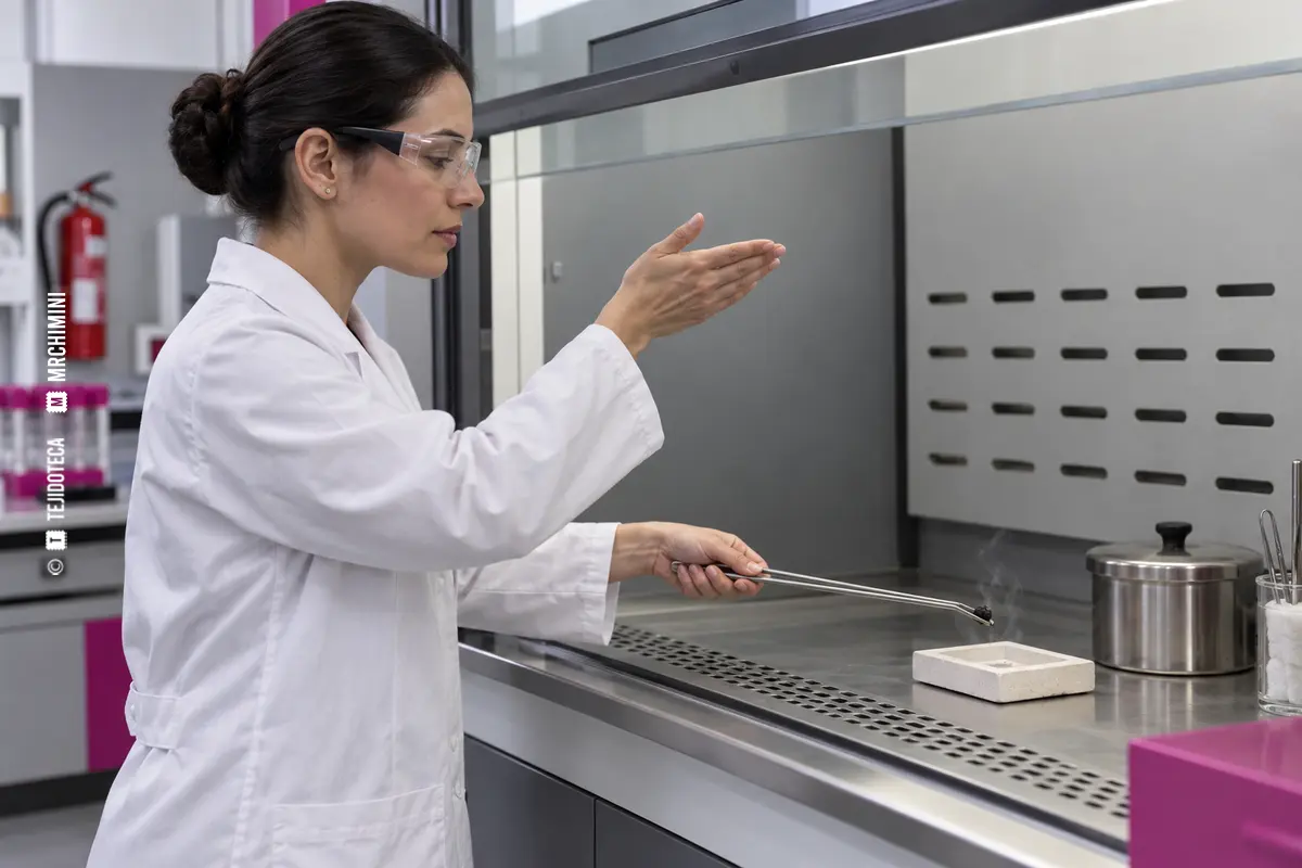 Ingeniera química realizando la técnica de abaniqueo indirecto durante un ensayo pirognóstico bajo extracción