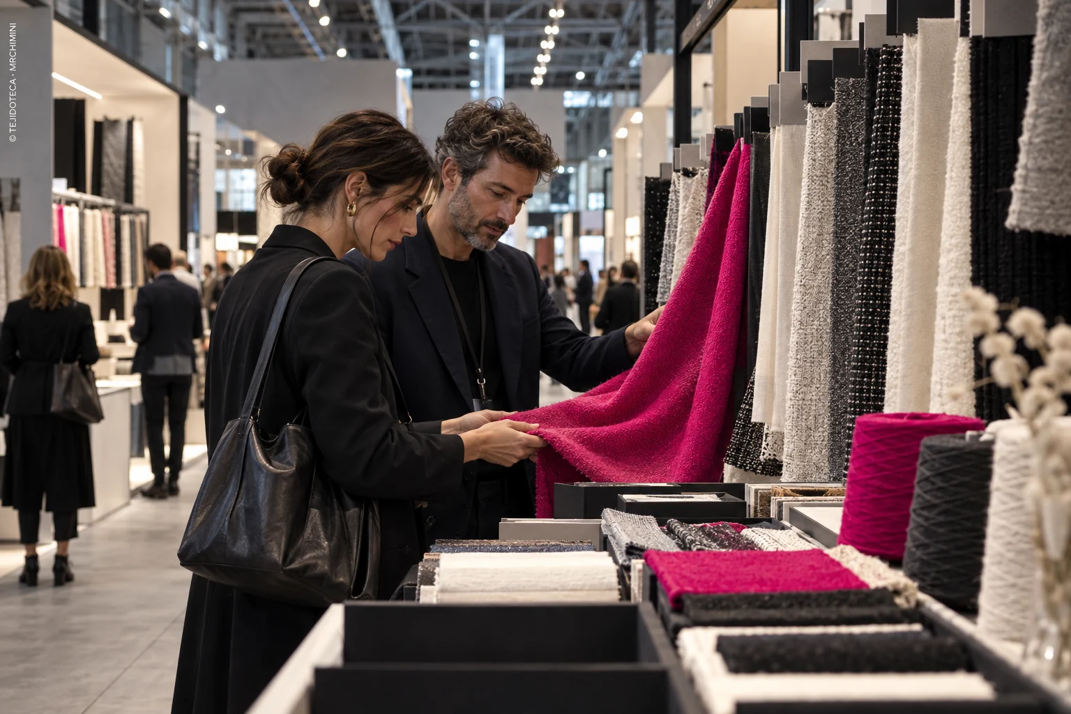 Muestras y visitantes en una feria textil; imagen ilustrativa