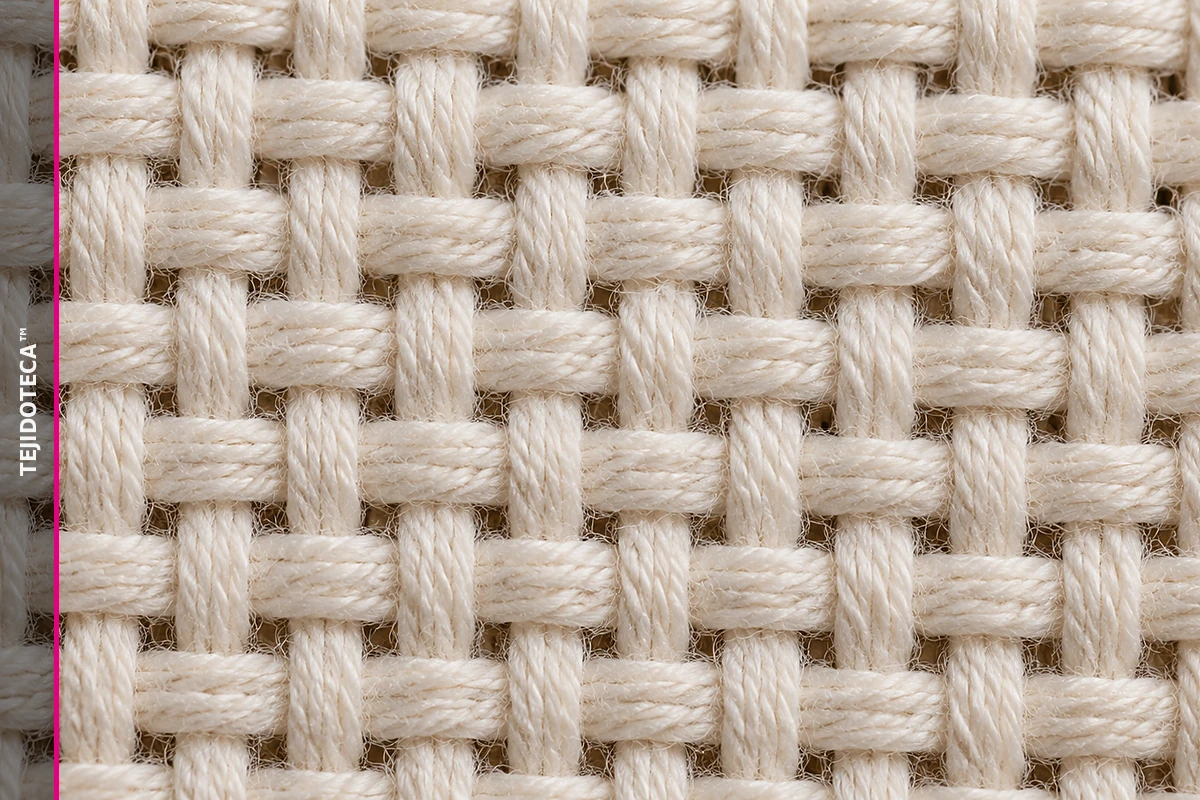 Macro fotográfico de un tejido de calada mostrando con claridad urdimbre y trama