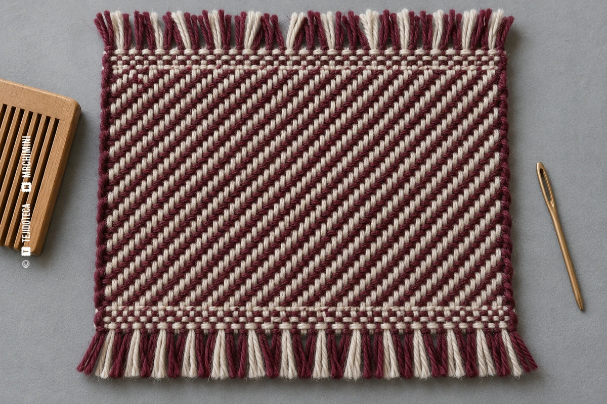 Muestra bicolor de tejido sarga 2/2 con diagonales burdeos y crudas claramente visibles — TEJIDOTECA