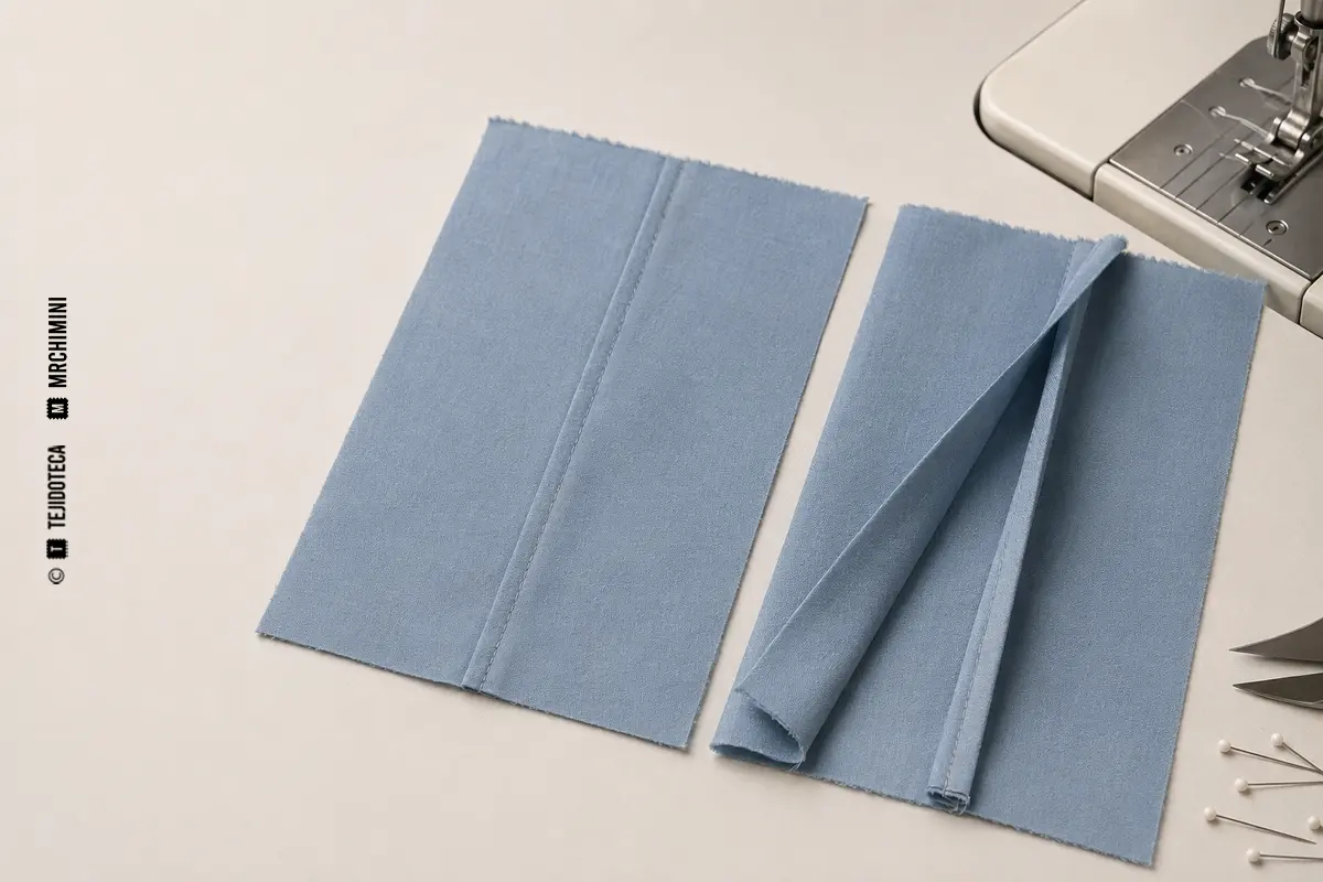 Representación técnica de costura francesa en confección textil.