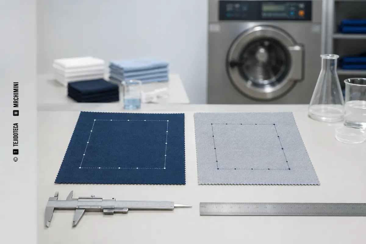 ESTABILIDAD DIMENSIONAL – TEJIDOTECA Muestras textiles marcadas y medidas para evaluar su estabilidad dimensional.