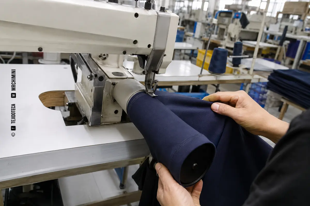 Representación técnica de máquina de brazo en costura y confección.