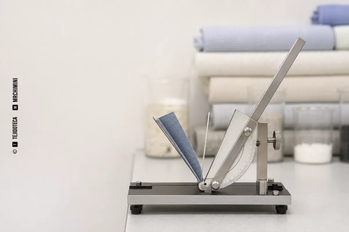 Probeta textil abierta en un aparato para medir el ángulo de recuperación.