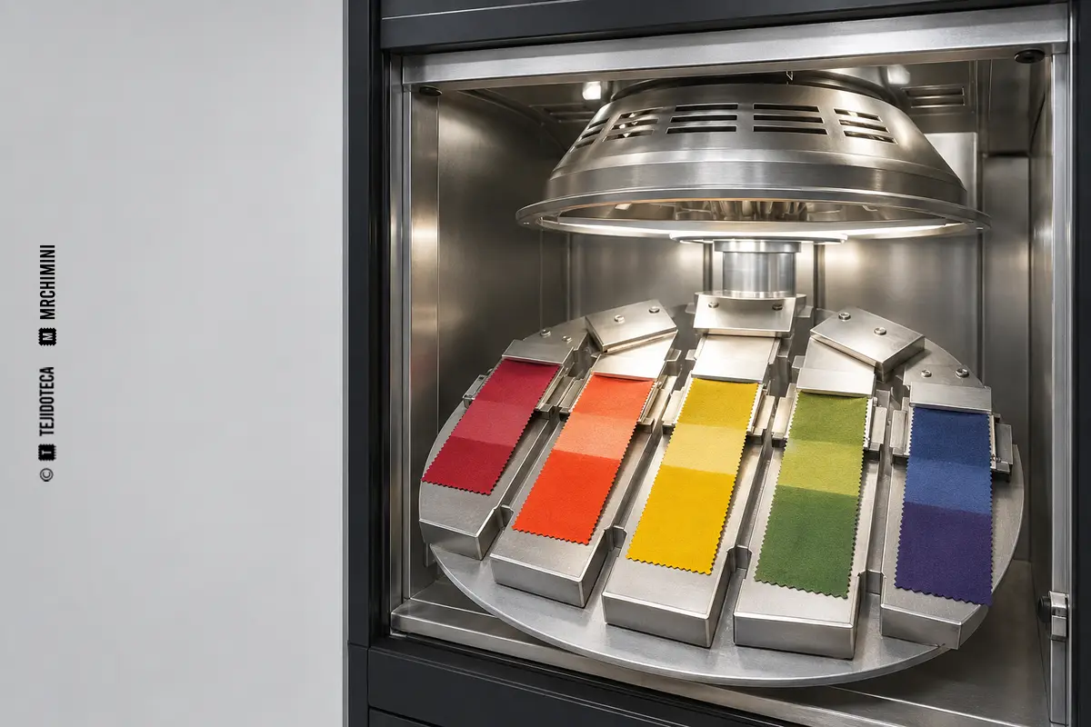 Muestras de tejidos coloreados parcialmente cubiertas en una cámara de xenón.