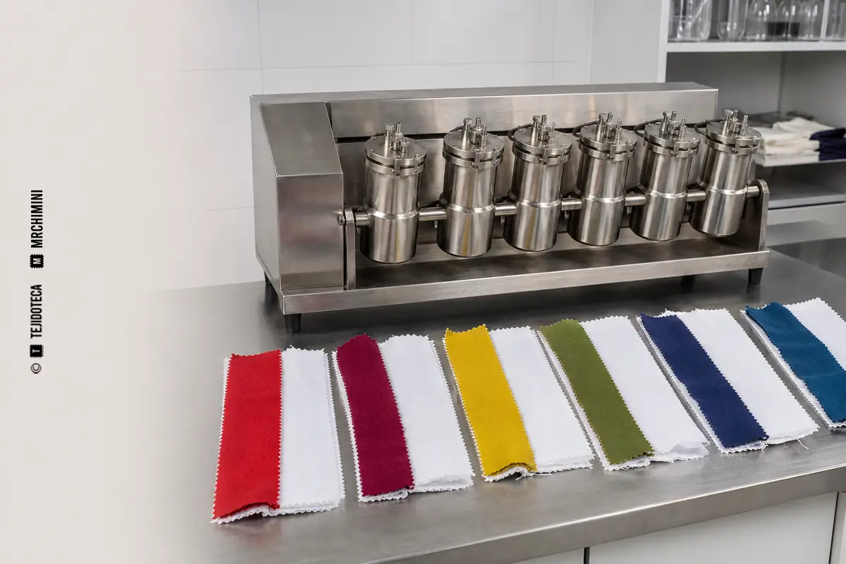 Launderometer y muestras coloreadas unidas a tejidos multifibra blancos.