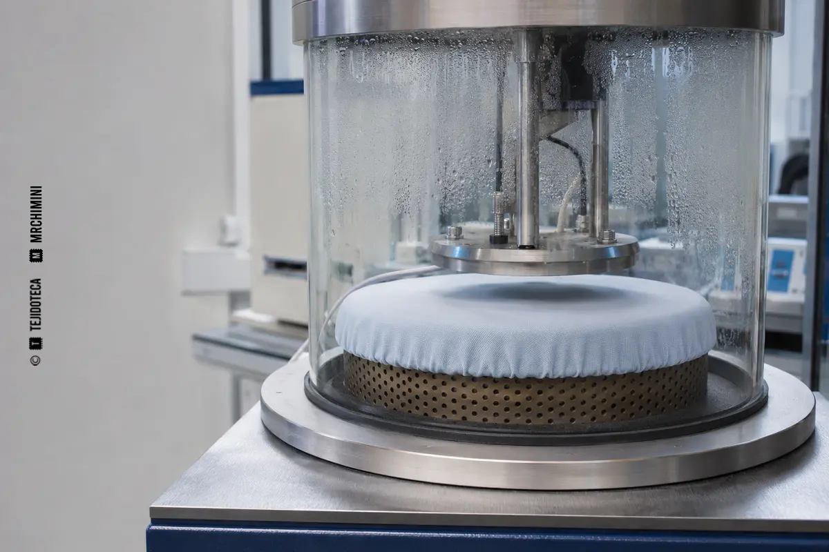 TRANSPIRABILIDAD – TEJIDOTECA Tejido colocado en un equipo de laboratorio para medir el paso de vapor de agua.