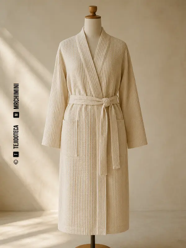 Bata de punto gofre crudo presentada sobre maniquí.