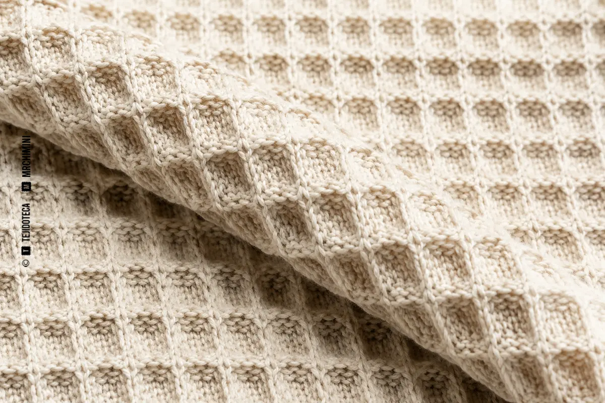 Detalle macro de punto gofre crudo con celdillas cuadradas en relieve.