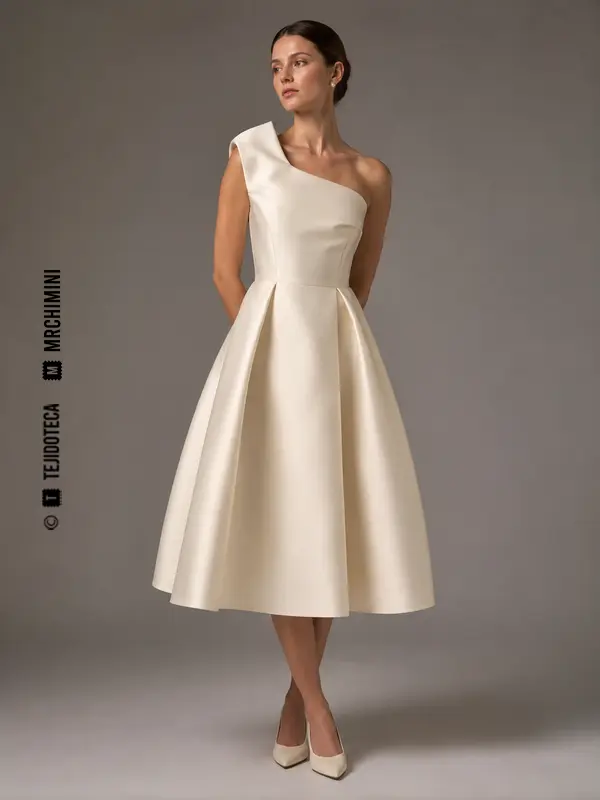 Vestido de ceremonia arquitectónico realizado con raso duquesa marfil.