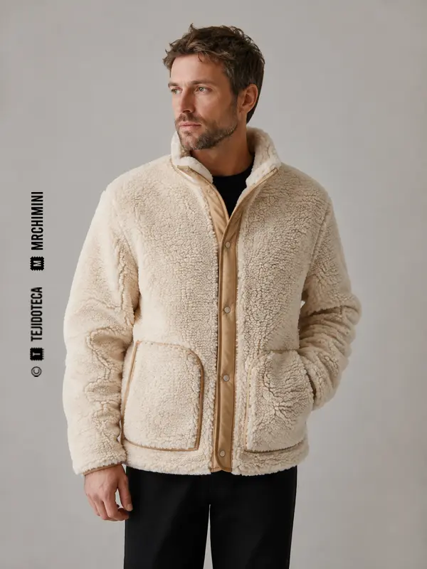 Chaqueta color crema confeccionada con tejido borreguito o sherpa.