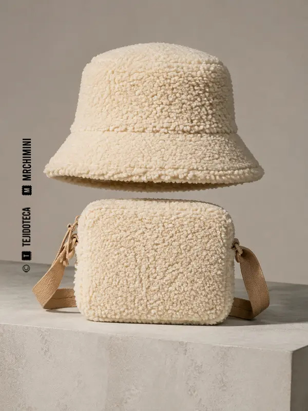 Gorro y bolso realizados con tejido sherpa color crema.