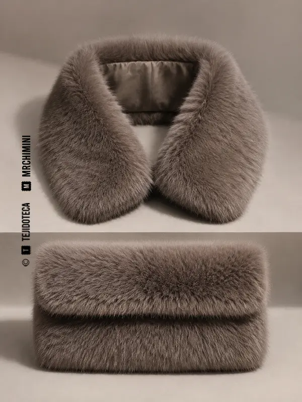 Cuello y bolso realizados con piel sintética color topo.