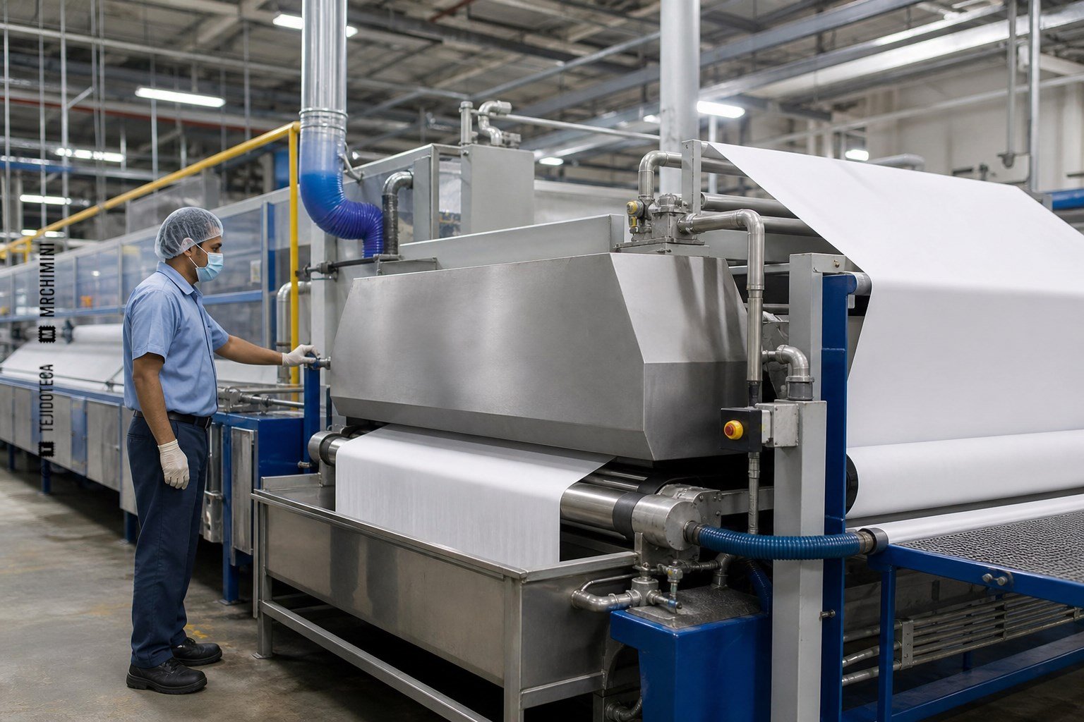 Tejido técnico recibiendo un acabado antimicrobiano en una línea industrial