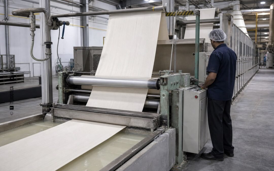 Tejido pasando por una línea industrial de aplicación de apresto