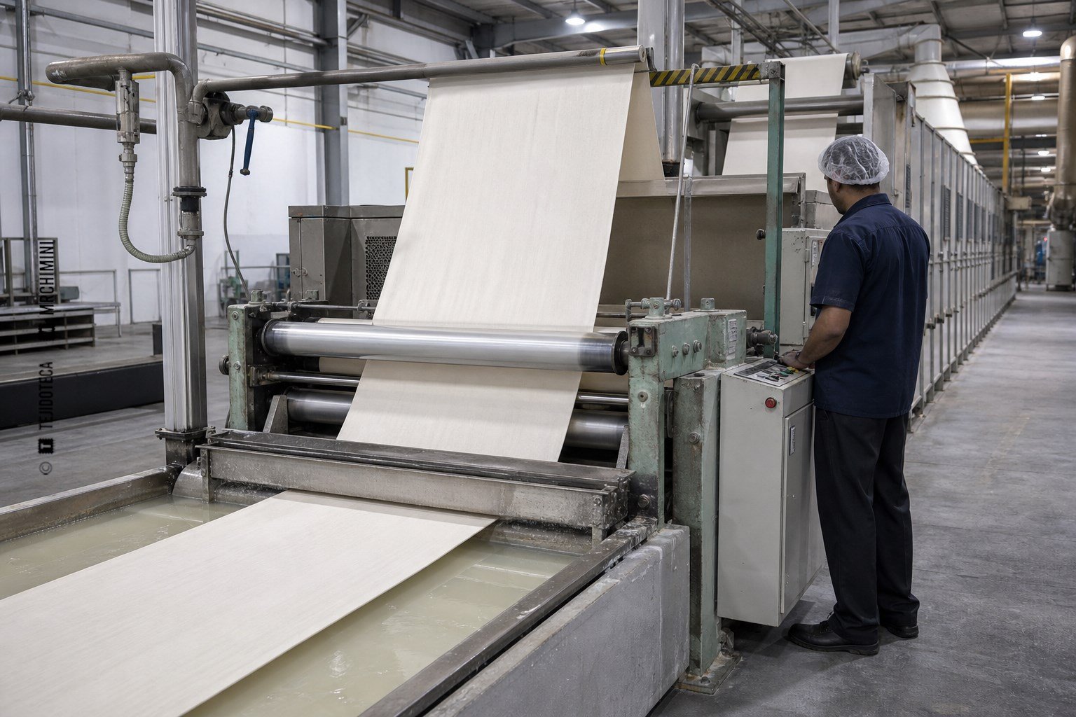 Tejido pasando por una línea industrial de aplicación de apresto