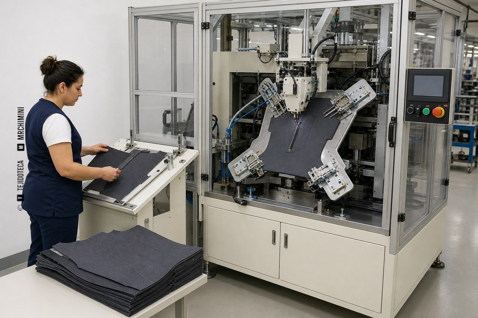 Autómata de costura programable confeccionando la bragueta de un pantalón