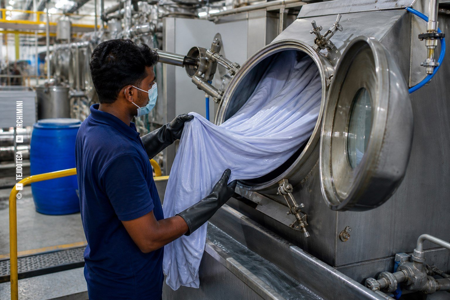 Tejido de algodón tratado en una máquina industrial de biopulido enzimático