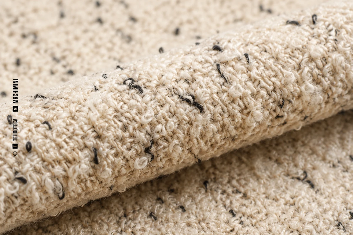 Macrofotografía de tejido bouclé en crema cálido #E7DDC8 con motas carbón