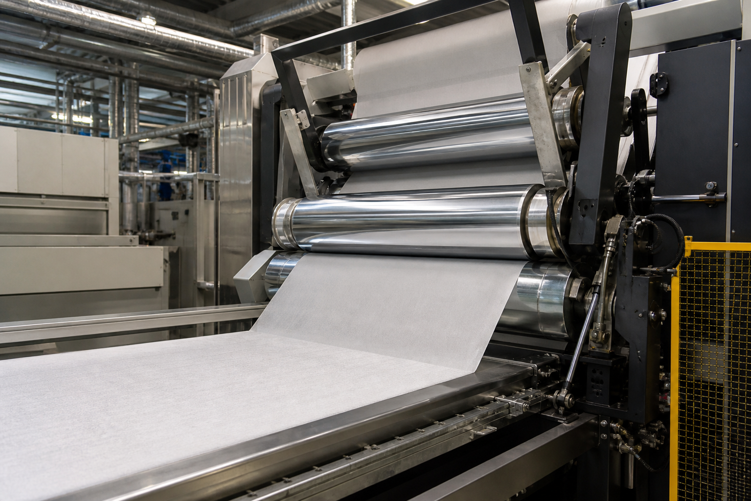 Esquema de una calandra textil con el tejido pasando entre rodillos
