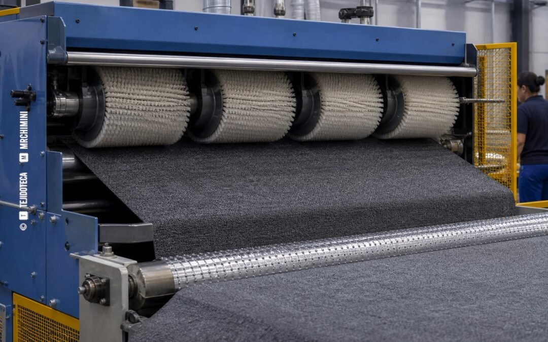 Tejido pasando entre cilindros de una máquina industrial de cepillado