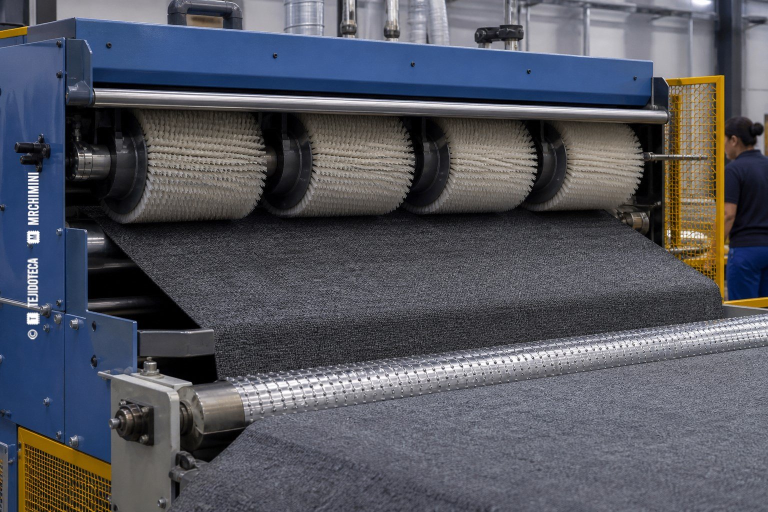 Tejido pasando entre cilindros de una máquina industrial de cepillado