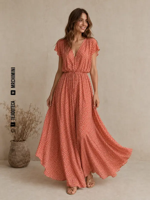 Vestido fluido de Challis en coral apagado #C96F63 con pequeñas hojas crema