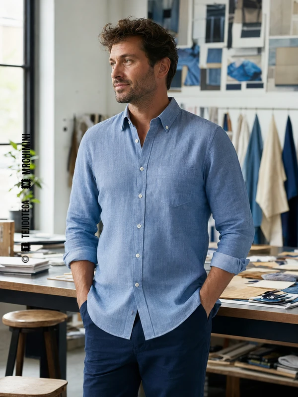Camisa de Chambray en azul claro jaspeado con trama blanca