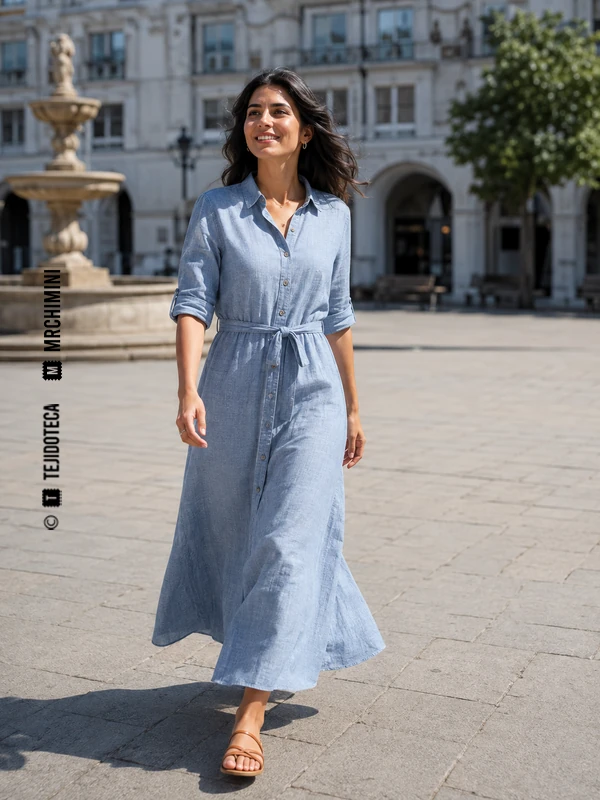Vestido camisero de Chambray en azul claro jaspeado con trama blanca