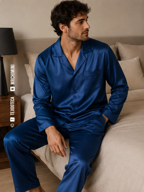 Pijama camisero de Charmeuse en azul zafiro #205A8A