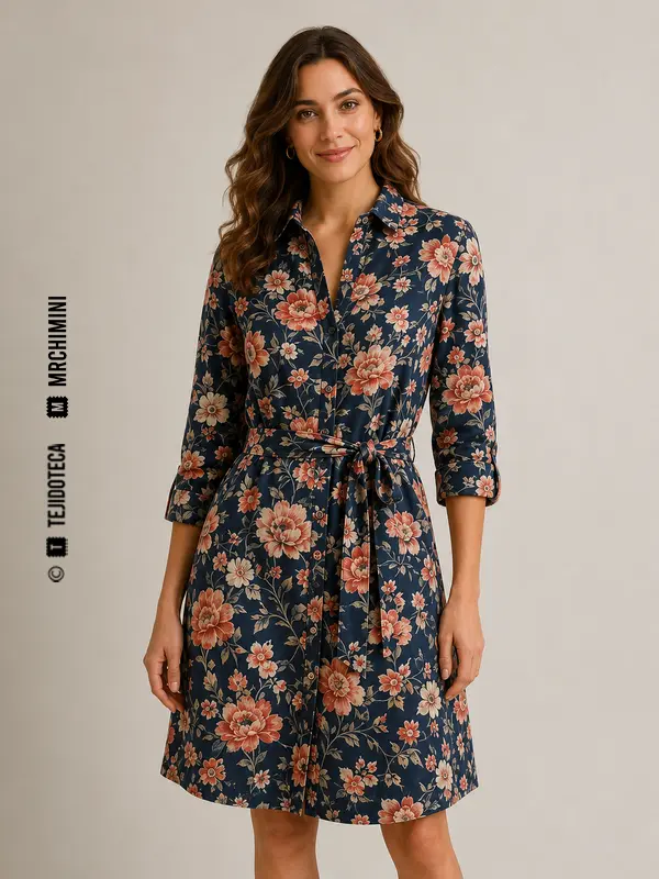Vestido camisero de Chintz en fondo azul tinta #203F5D con flores coral y crema