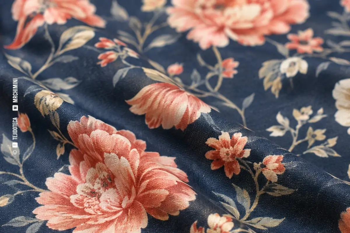 Macrofotografía de tejido chintz en fondo azul tinta #203F5D con flores coral y crema