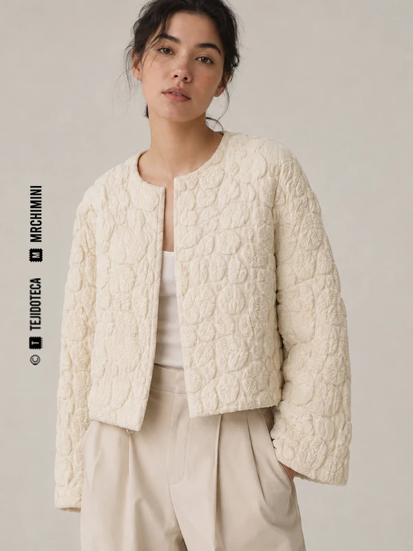 Chaqueta corta de Cloqué en marfil cálido #E8DDC7