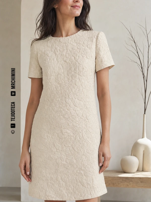 Vestido estructurado de Cloqué en marfil cálido #E8DDC7