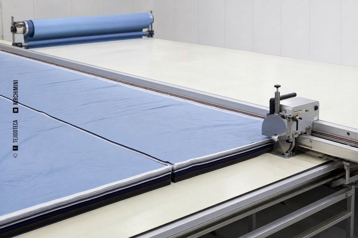 Cortadora de extremos desplazándose por un raíl al final de una mesa de tendido