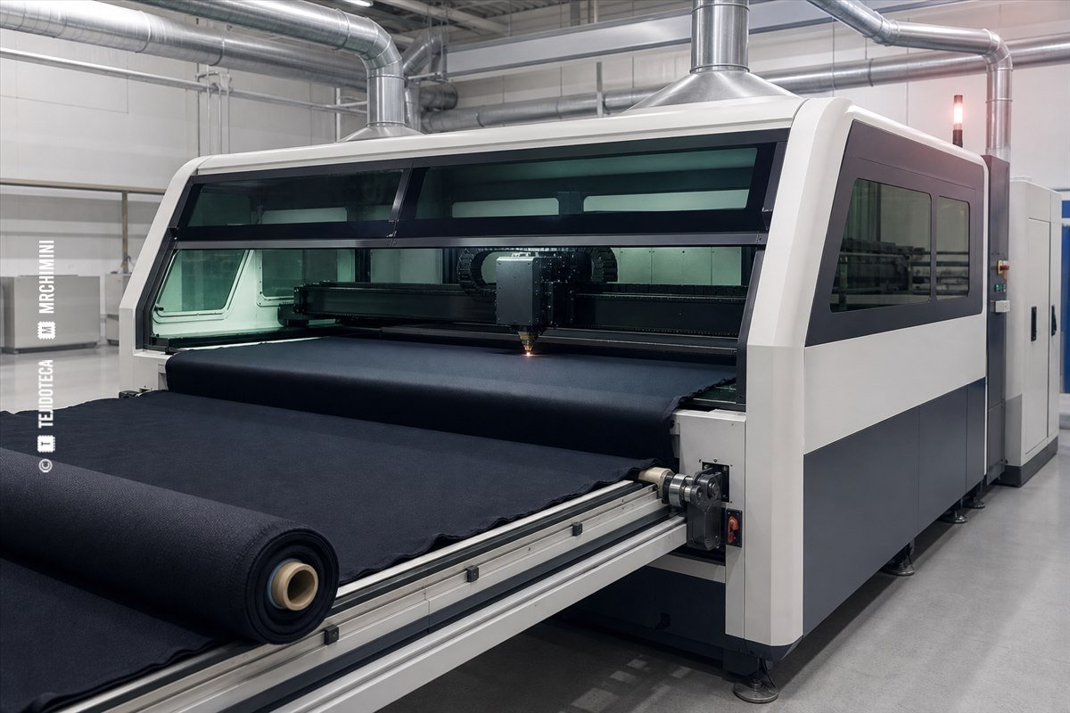 Cortadora láser industrial procesando tejido sobre una mesa transportadora