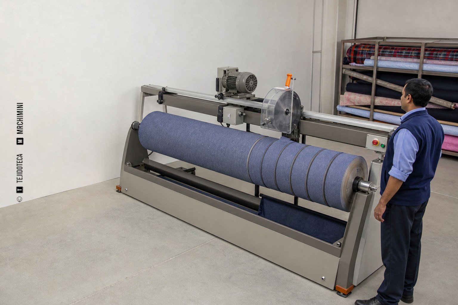 Máquina industrial cortando un rollo de tejido tubular en tiras continuas al bies