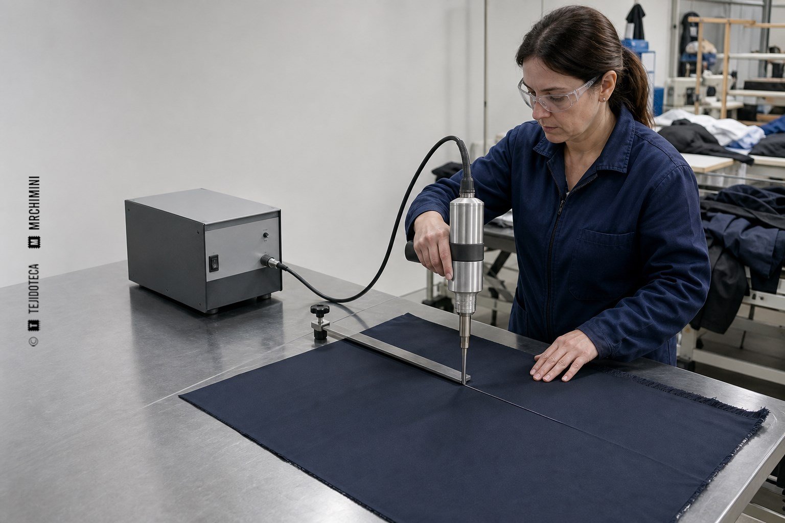 Cabezal ultrasónico industrial cortando y sellando el borde de una cinta textil sintética