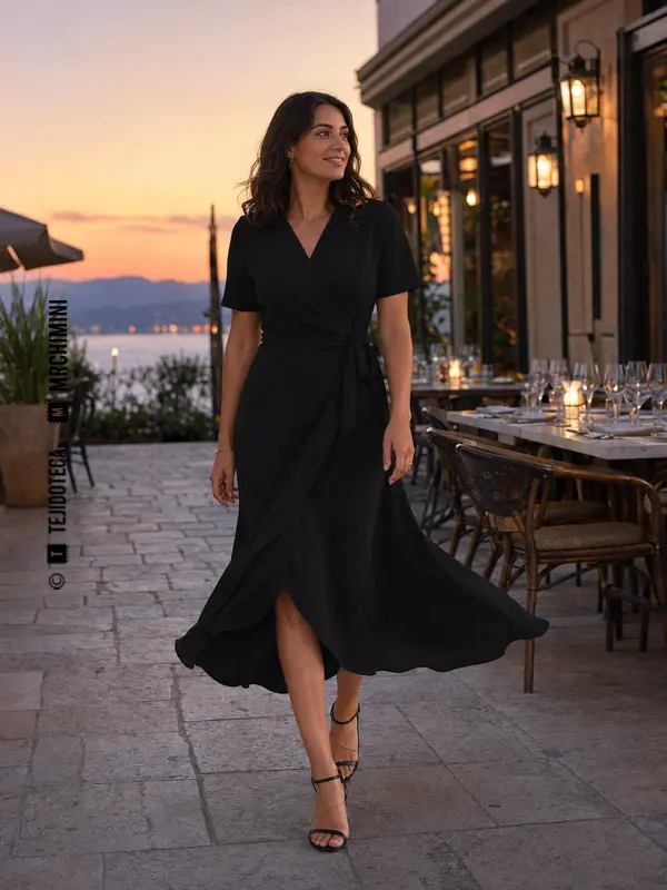 Mujer con vestido negro de crepé fluido