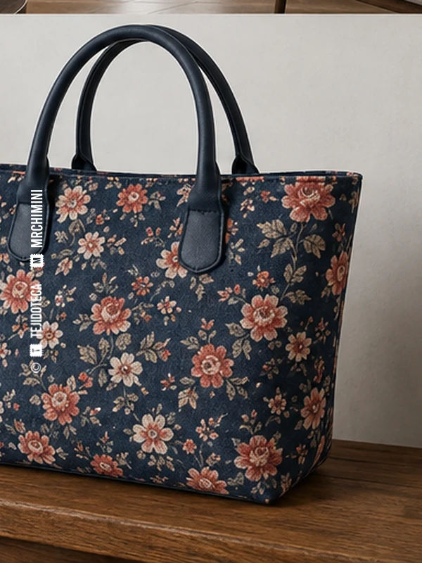 Bolso de mano de Cretona en fondo azul tinta #243F58 con flores coral y crema
