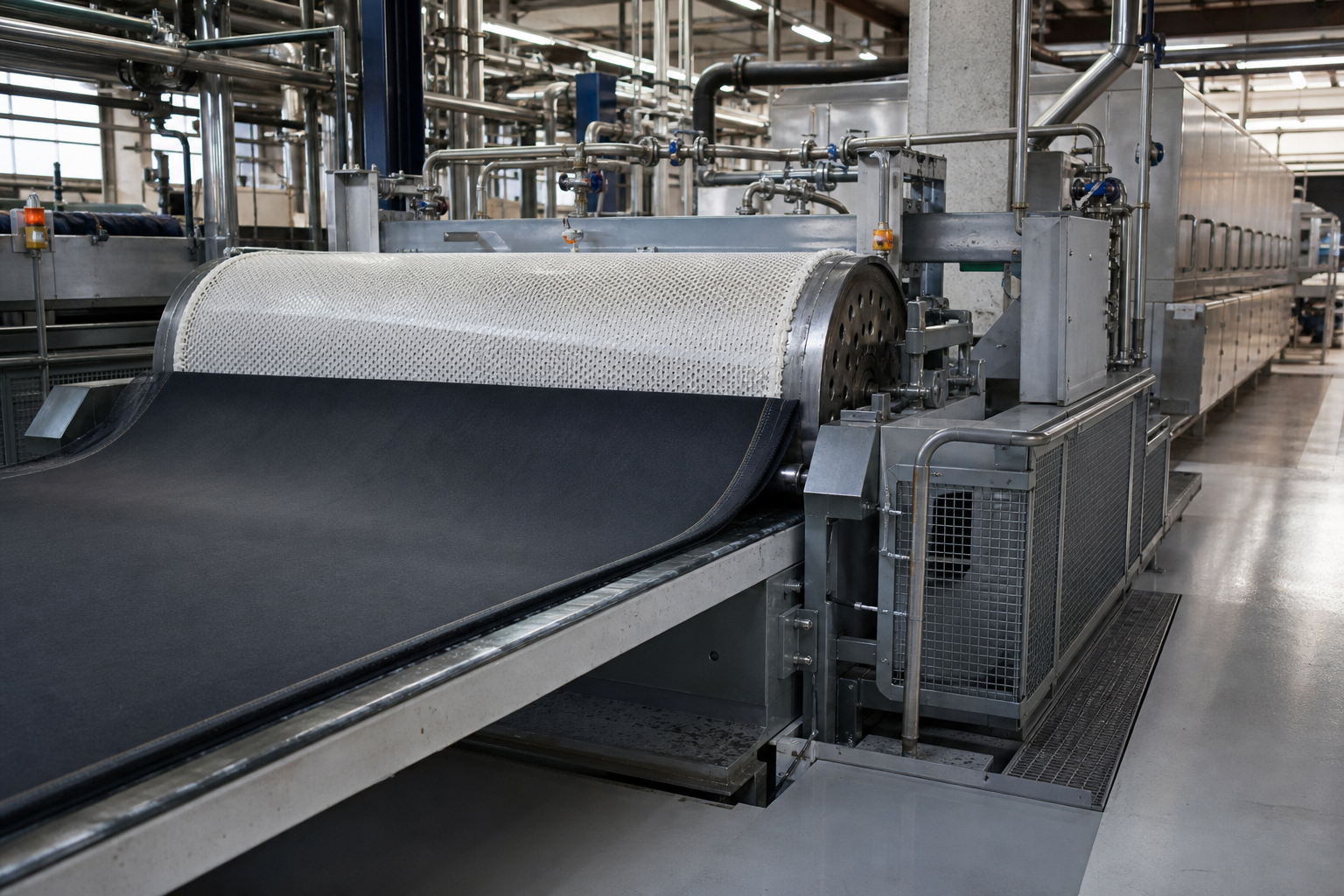 Esquema de una máquina decatizadora con vapor, presión y enfriamiento