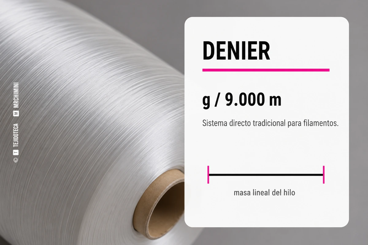 Representación del sistema Denier con 9.000 metros de filamento y su masa.