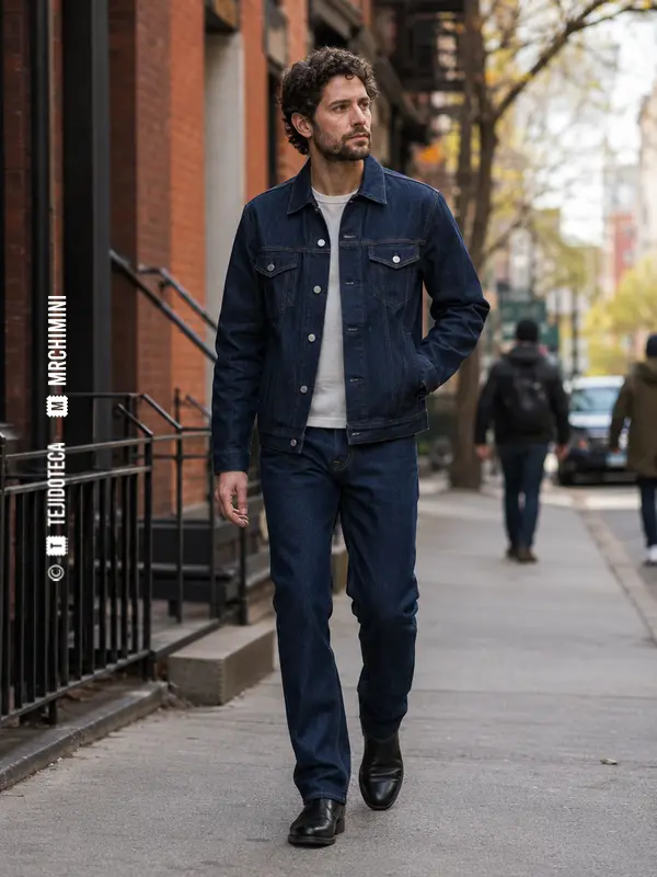 Conjunto de denim llevado en una escena cotidiana