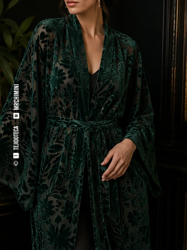 Kimono de Devoré en verde botella #164C3B sobre base transparente negra
