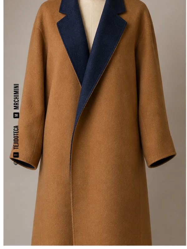 Abrigo reversible de Doble tela en cara camel #B78354 y cara azul marino #273A56