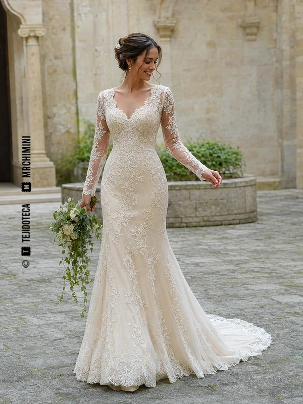 Vestido de novia de Encaje en marfil #F2E6D4