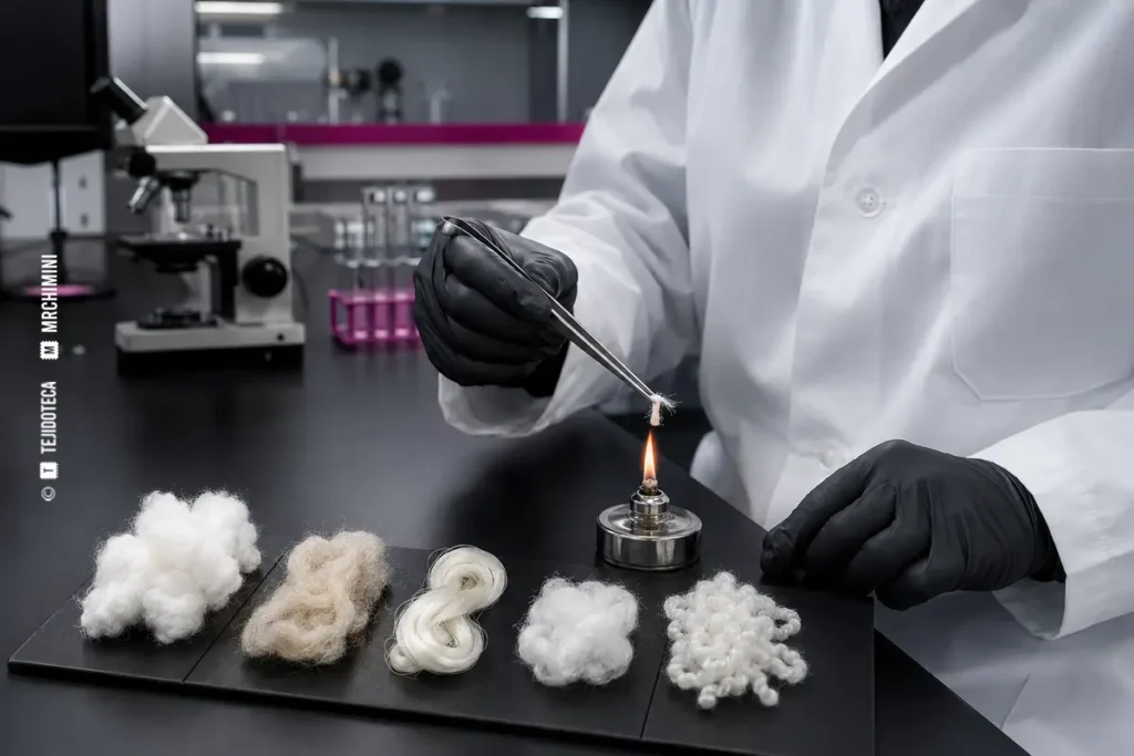 Técnico realizando un ensayo pirognóstico de fibras textiles con una llama controlada