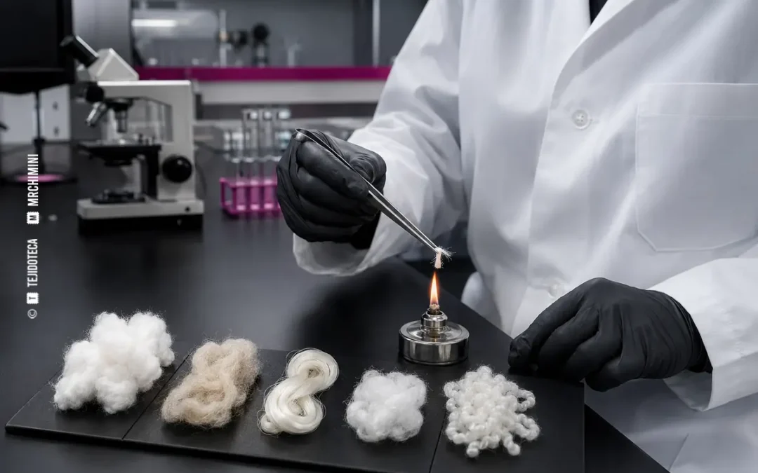 Técnico realizando un ensayo pirognóstico de fibras textiles con una llama controlada