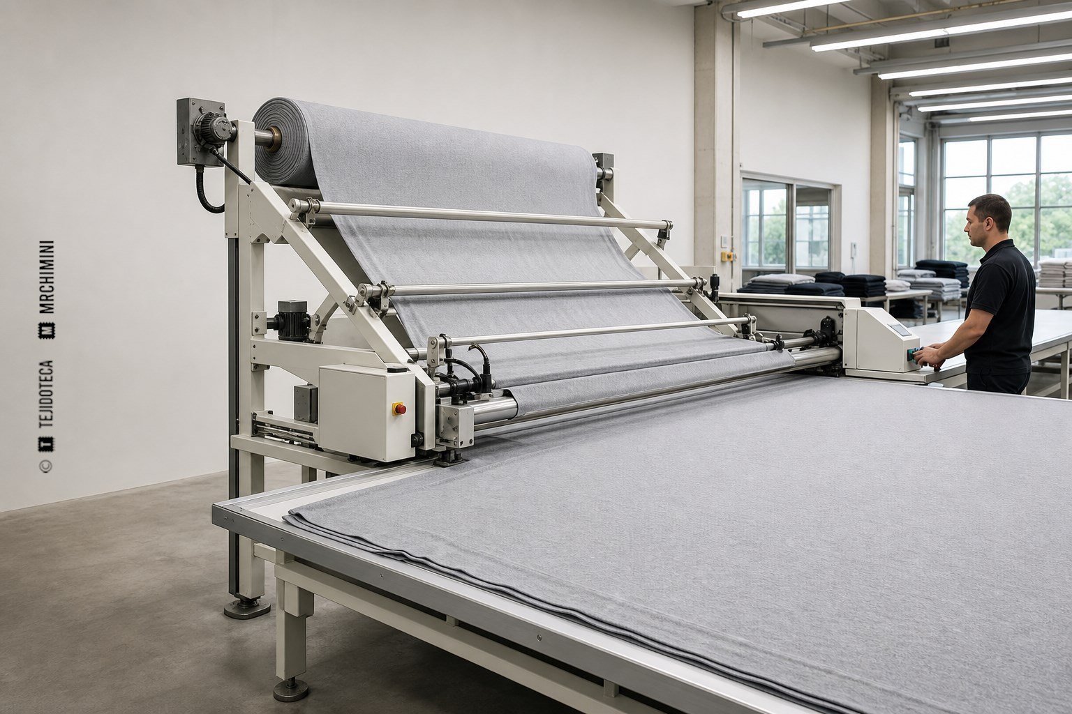 Extendedora automática depositando tejido de punto tubular sobre una mesa larga